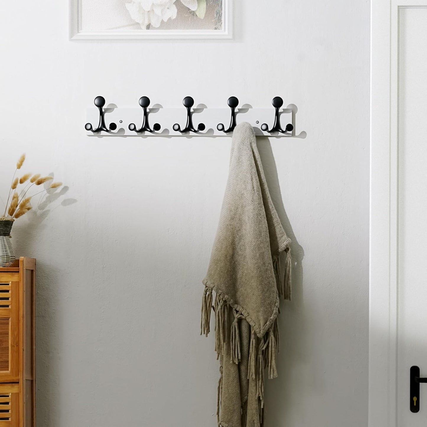 SKOLOO 24-Inch White Wood Coat Rack Wall Mount with 5 Triple Hooks - Ideal for Family Entrances, Classrooms, and Pet Supplies Storage - Perfect Coat Hooks for Wall