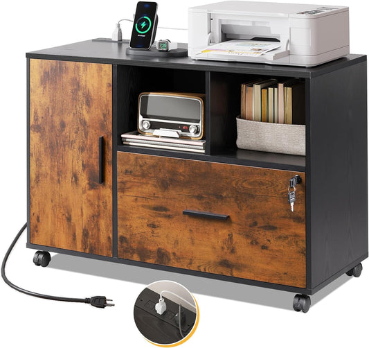 DEVAISE File Cabinet with Charging Station, 1 Drawer Rolling File Cabinet, Locking Filing Cabinet for Home Office, Wood Printer Stand with Storage, Rustic Brown