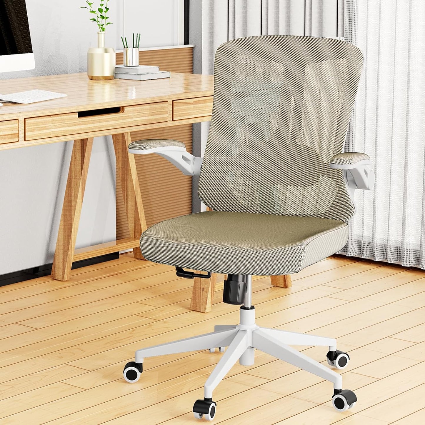 Mesh Office Computer Desk Managerial Executive Chair, Ergonomic High Back Comfy Swivel Gaming Home Chairs with Wheels, Comfortable Lumbar Support, Comfy Arms for Study,Home,Bedroom（Khaki）