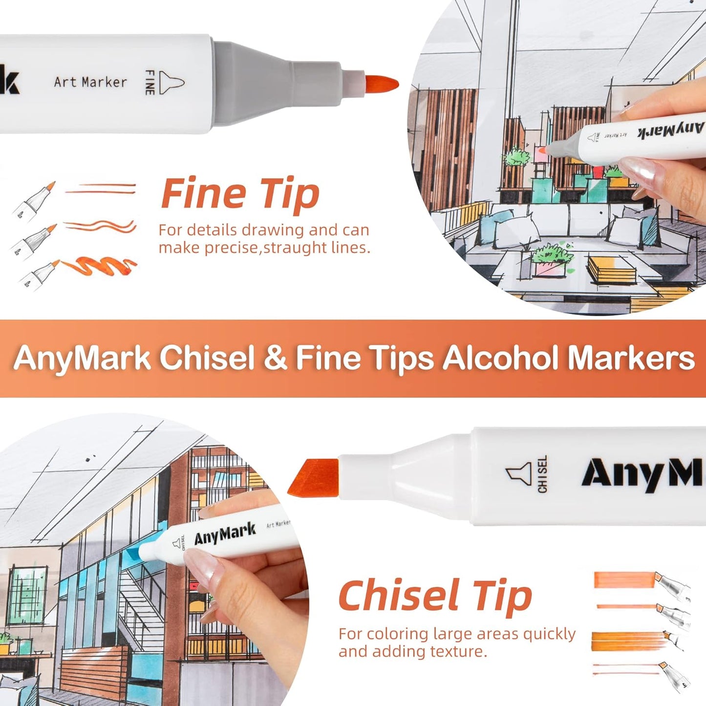 AnyMark Alcohol Markers, 120 Colors Dual Tip Art Coloring Markers Set for Kids Adult Book Drawing Sketching Painting, Chisel & Fine, White Penholder