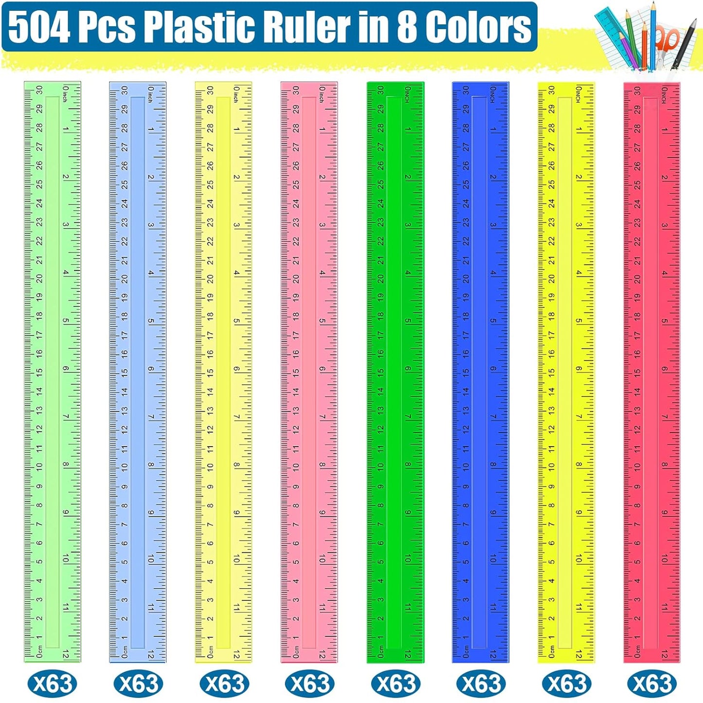 504 Pcs Rulers Bulk, 12 Inch Plastic Assorted Color Clear Rulers with Inches Centimeters Millimeter. Measuring Drawing Tool for Kids, Ideal Back to School Classroom Office Home Supplies
