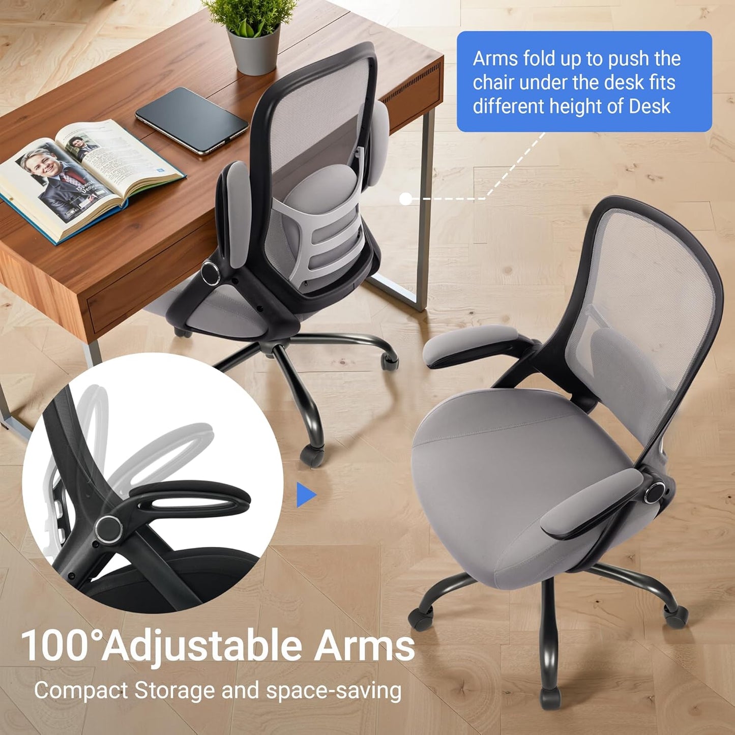 HYLONE 400lbs Heavy Duty Office Chair, 5" Thickened Seat Ergonomic Desk Chair with Adjustable Armrests, Home Office Computer Chairs for Long Hours Mesh Executive Chair(Dark Grey)