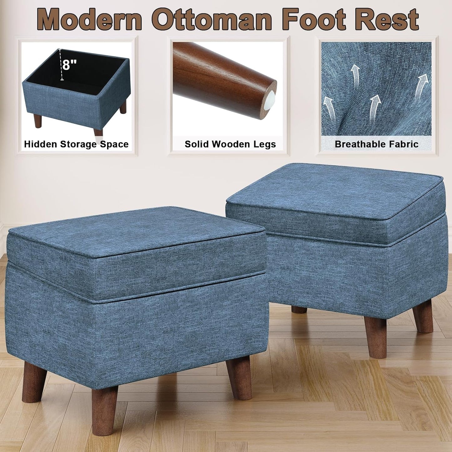 Foot Rest with Adjustable Cover, Storage Ottoman Dorm, Footstool and Sitting Stool, Ottoman Foot Stools for Living Room, Bedroom, Dorm, Blue