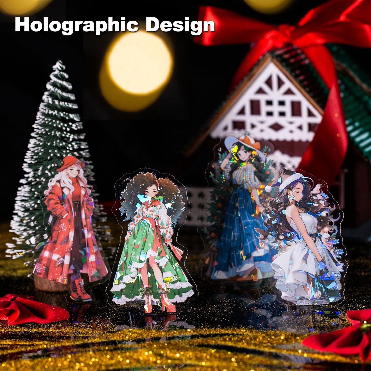 Christmas Party PET Stickers, 60 Holographic Character and Door Designs for Scrapbooking, Journaling, DIY Crafts, and Holiday Decor