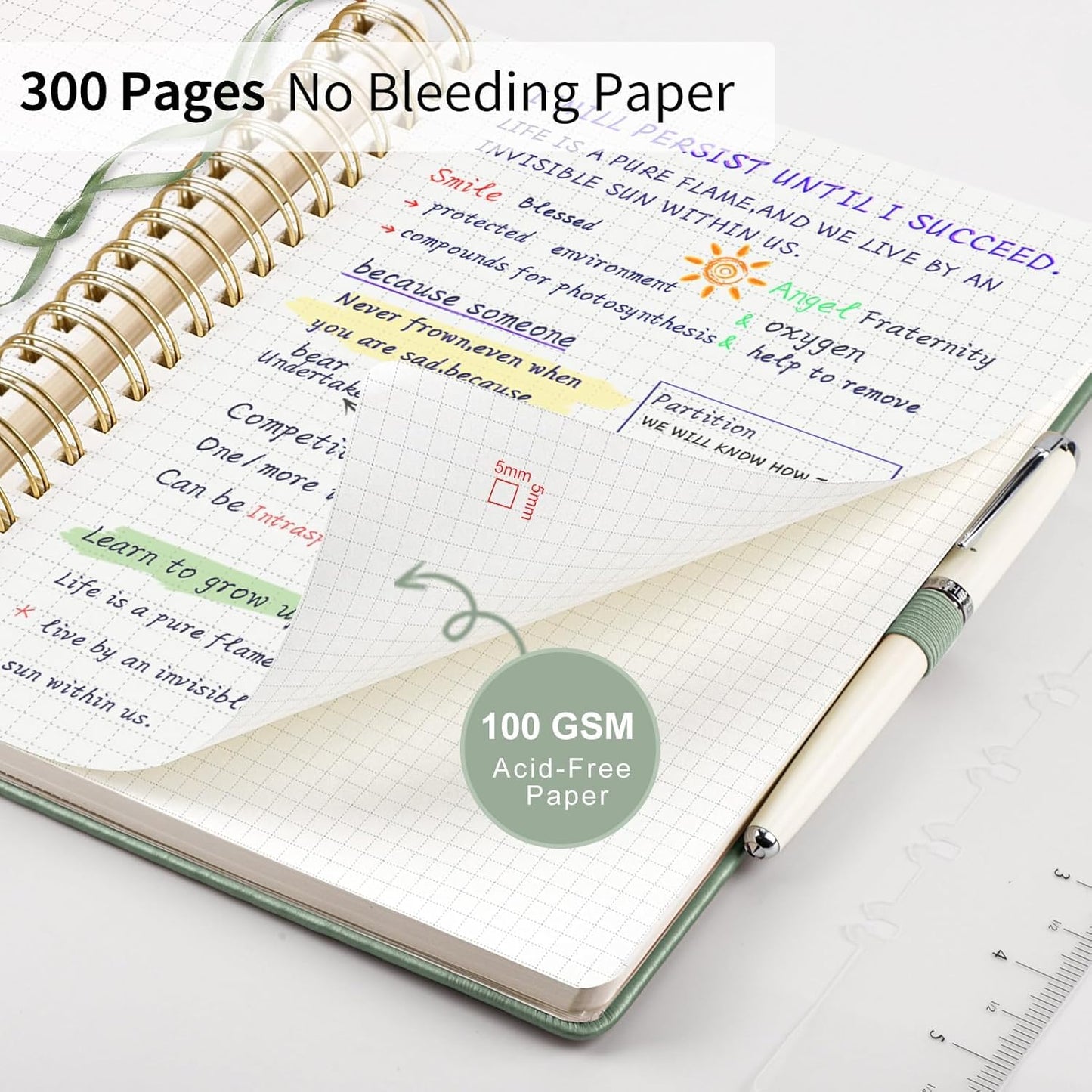 EMSHOI Spiral Graph Paper Notebook - 300 Pages, 100 GSM Thick Grid Notebook, A5 Small Hardcover Leather Journal for Women Men Writing Engineering Graphing, 5.7" x 8.22", Light Green