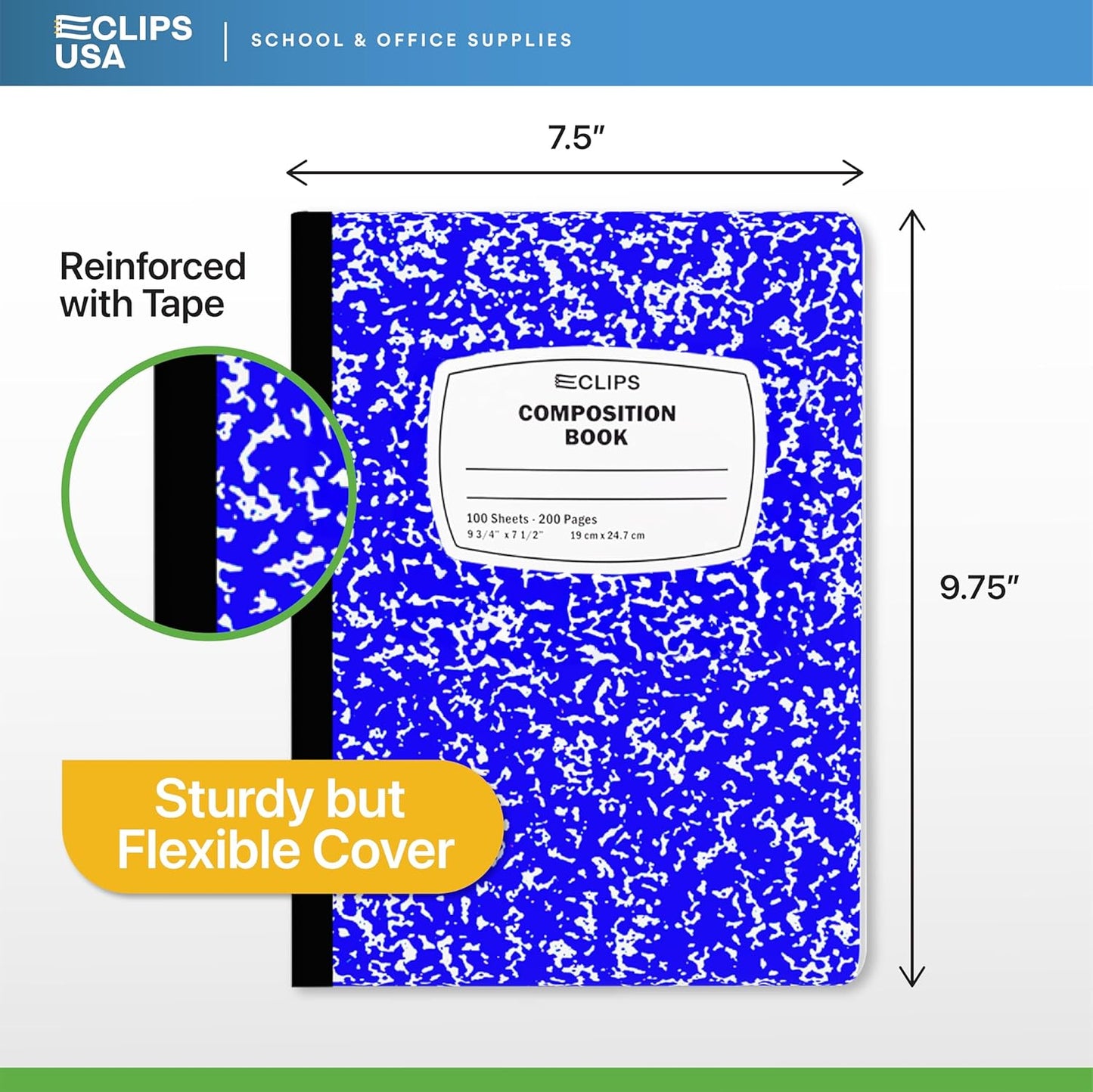 E-CLIPS USA Composition Notebooks, (24 Pack), Wide Ruled Composition Notebook, Marble Composition Notebook, 100 sheets, 200 Pages (24, Blue)