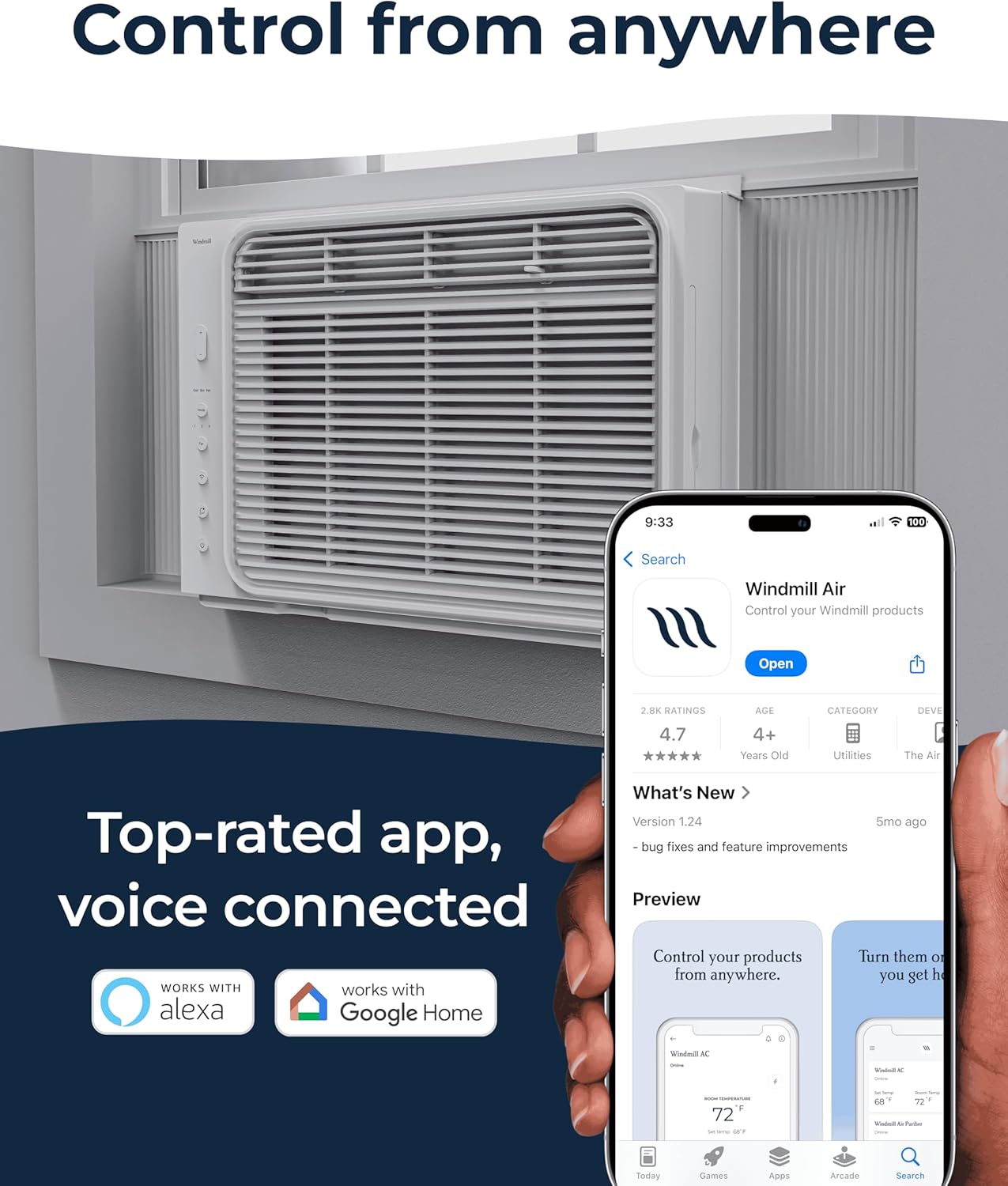 Windmill 5,000 BTU Lite Window Air Conditioner - Cools up to 150 Sq. Ft. - Easy Install, Voice-Enabled, Remote Control & App Control, Energy-Efficient AC Unit for Small Spaces