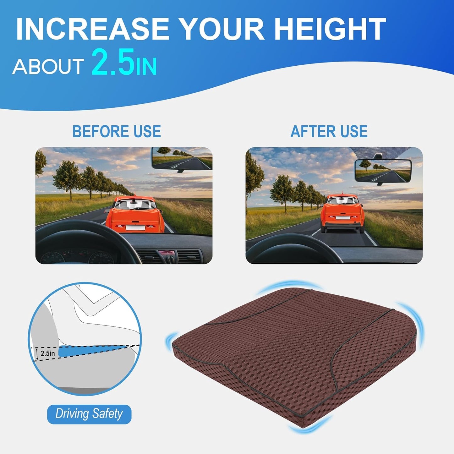 Car Seat Cushion, Comfortable Memory Foam Seat Pillow for Driving, Sciatica-Back Pain Relief, Cushion for Car-Truck, Office, Wheelchair - Mesh Brown