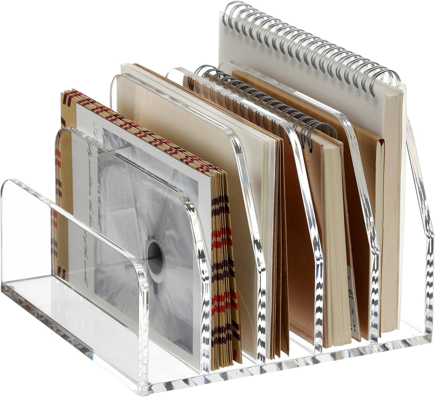 SANRUI Acrylic Desk File Organizer Holder for Desk, Clear Laddered 5 Upright Compartments Mail Sorters, Multifunction Desktop Envelope Folder Racks Document Holders for Office, Home, School