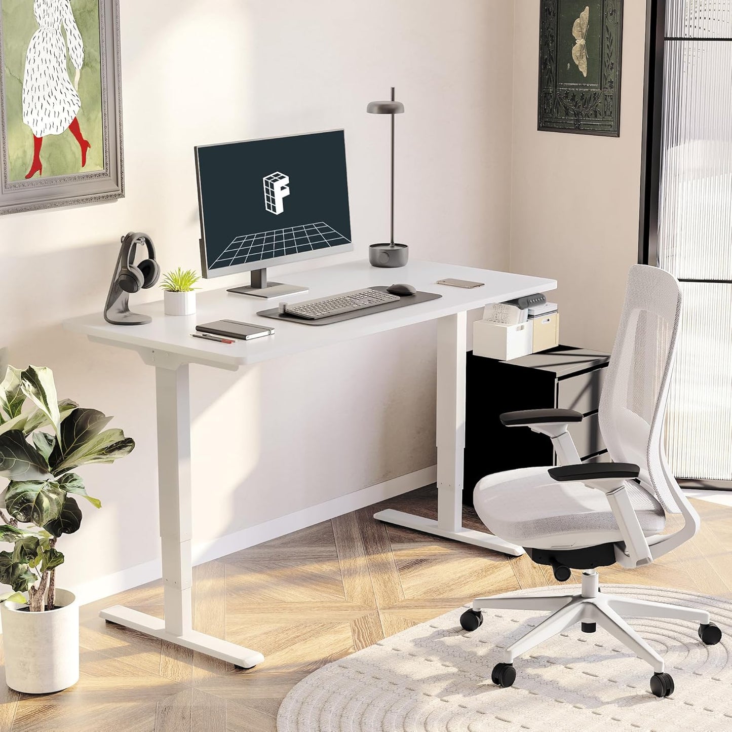 FLEXISPOT E6 Essential 3 Stages Dual Motor Electric Standing Desk 55x28 Inch Whole-Piece Board Height Adjustable Electric Sit Stand Desk(White Frame + White Desktop, 2 Packages)
