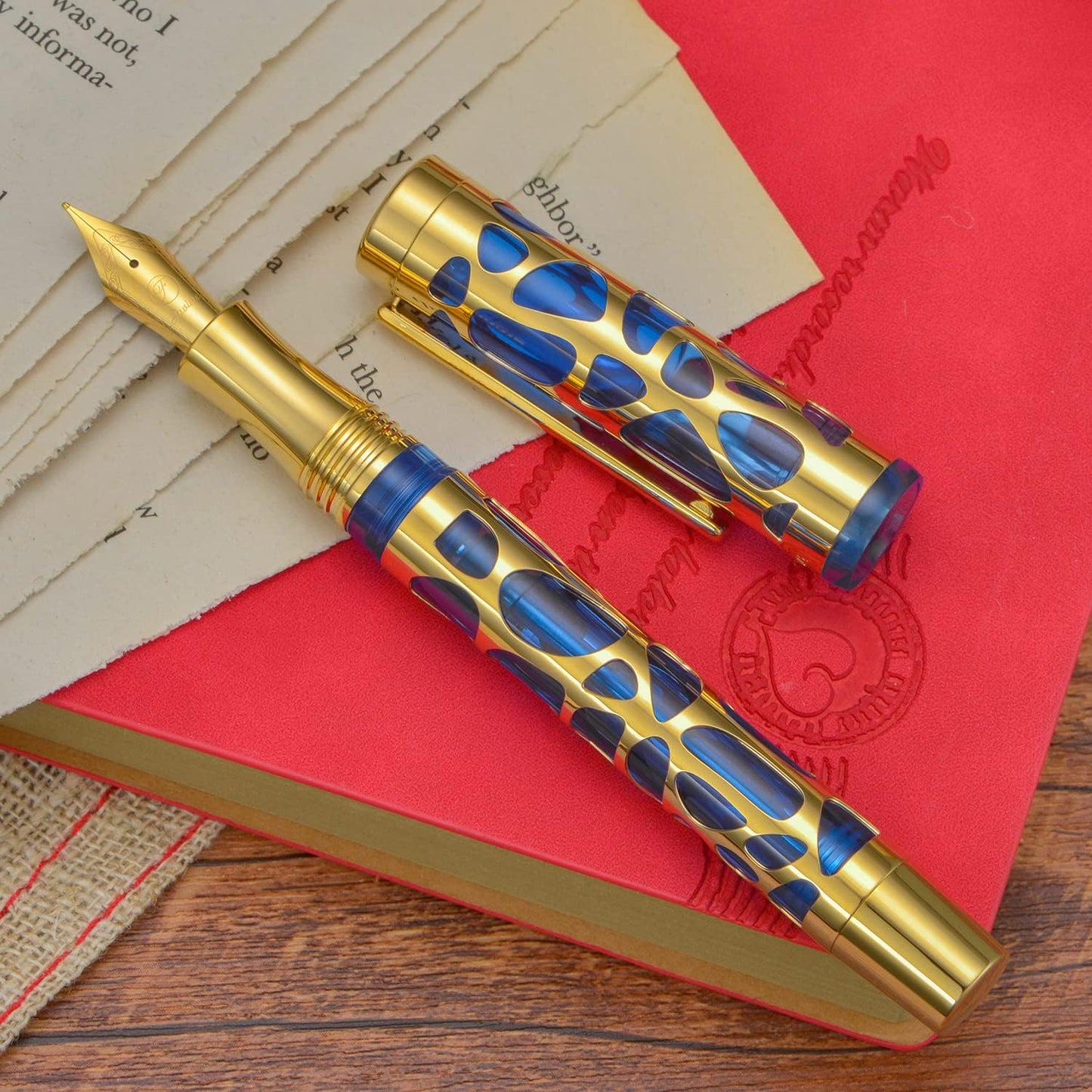 Asvine V169 Vacuum Filling Fountain Pen Fine Nib, Water Drop Skeleton Gold Trim Transparent Blue Acrylic Pen Case Set