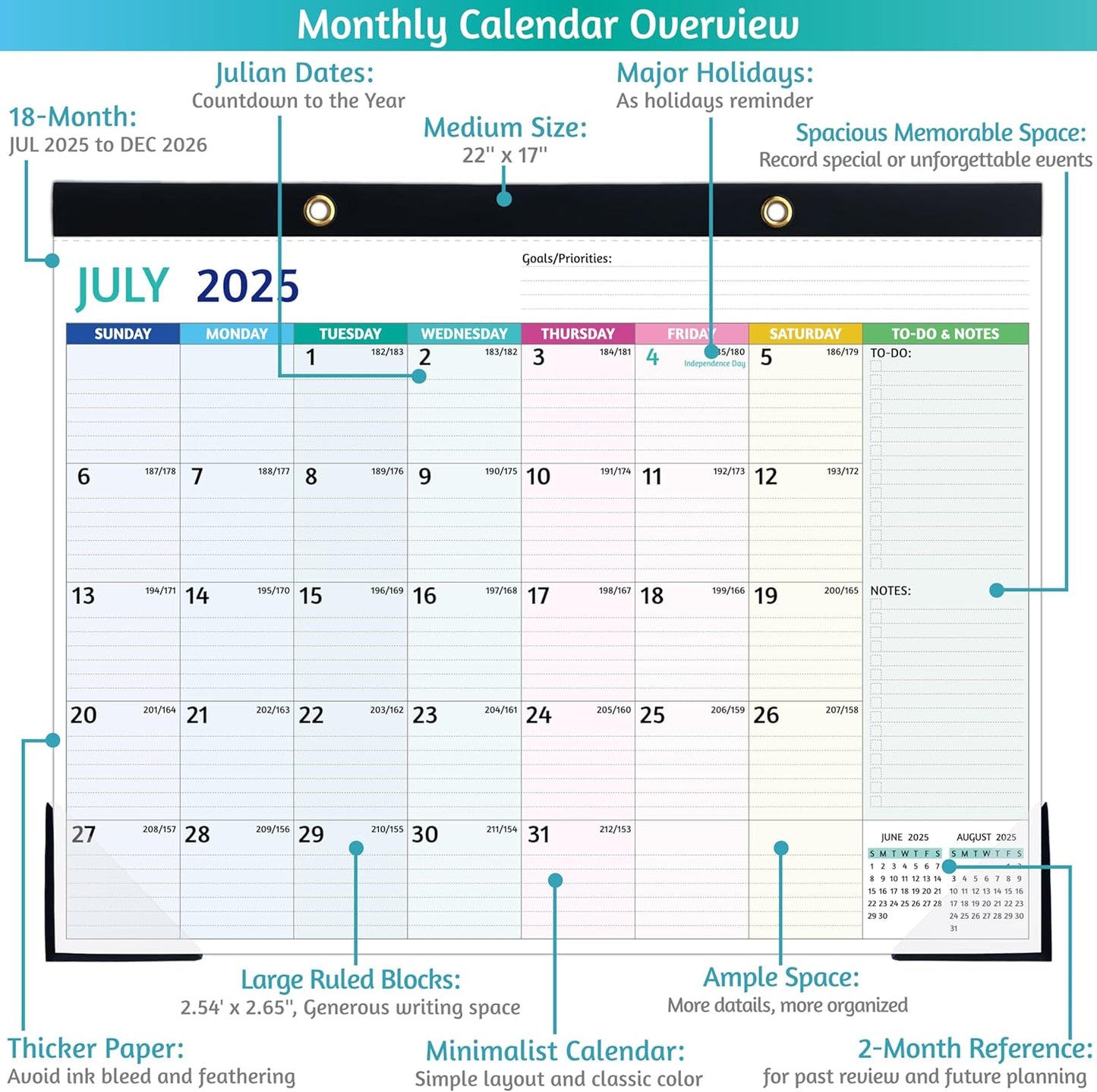 2025-2026 Desk Calendar – Shipped Flat, Large Desk Calendar, 22'' x 17'', Jul 2025 – Dec 2026, 18 Monthly Calendar, Best Desk/Wall Calendar with Desk Pad, To-do Lists, Ruled Blocks, Corner Protectors