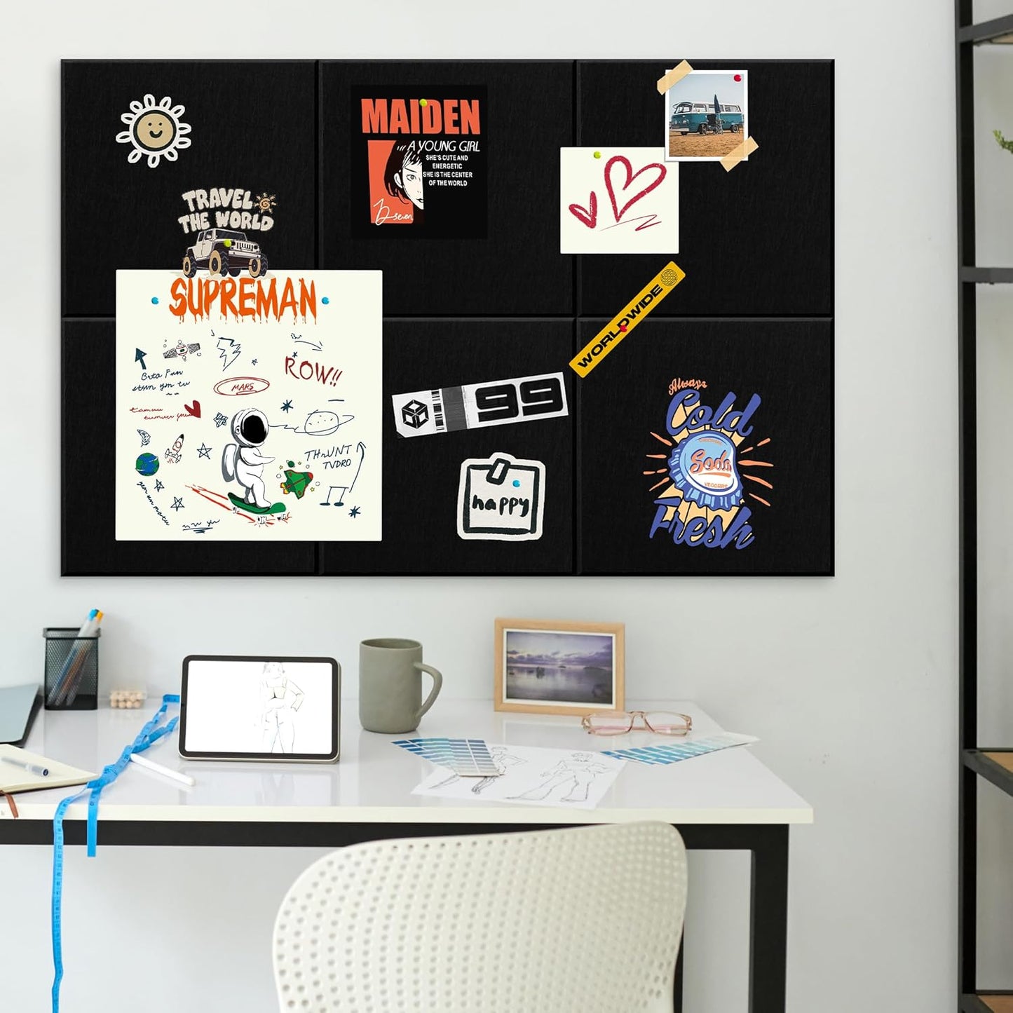 AKTOP Black Cork Bulletin Board 24"x36", 6 Pack Removable Felt Cork Board Tiles for Wall, Large 2 x 3 Bulletin Board Notice Pin Board for Office, School & Home, 24 Safe Adhesive Tabs, 20 Pushpins