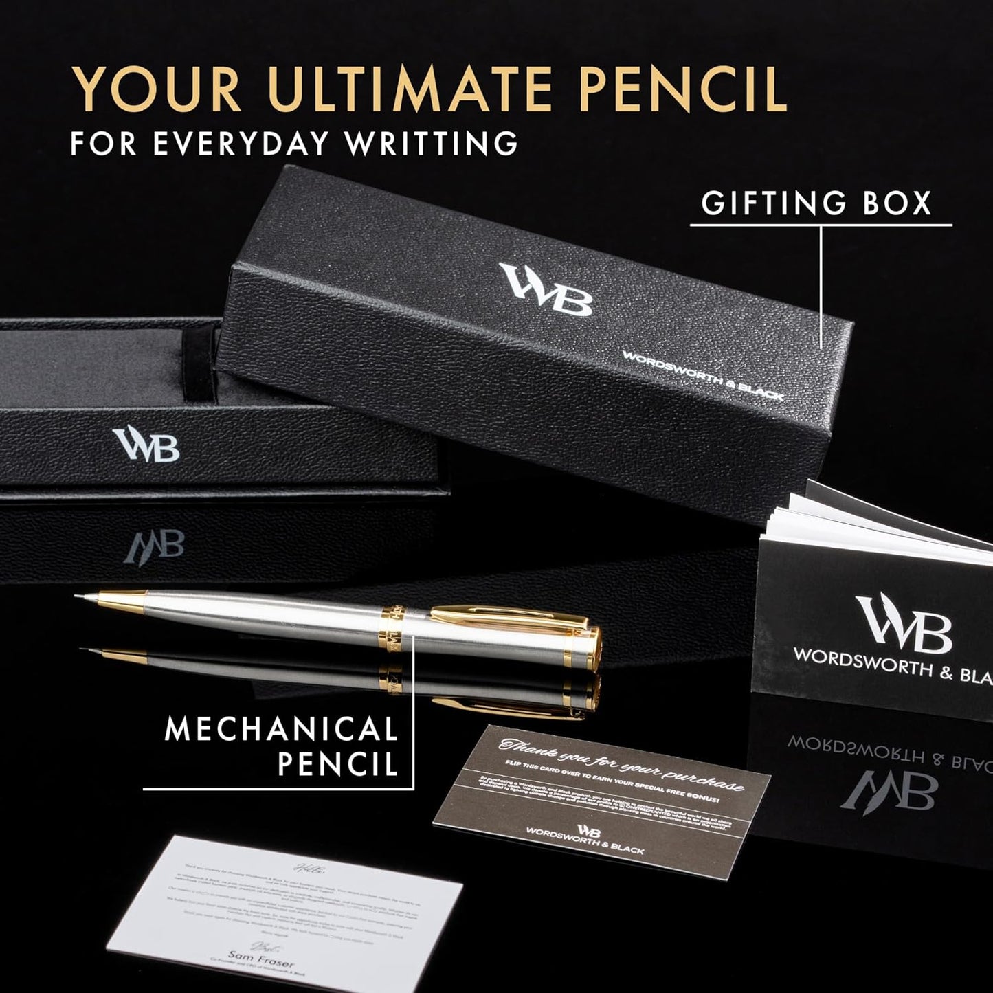 Wordsworth and Black Mechanical Pencil Graphite Lead- Stunning Luxury Metal Pencil, Silver Chrome 24K Gold Finish, 0.7mm Led, Best Gift Set for Men & Women, Professional Executive Office Pencils