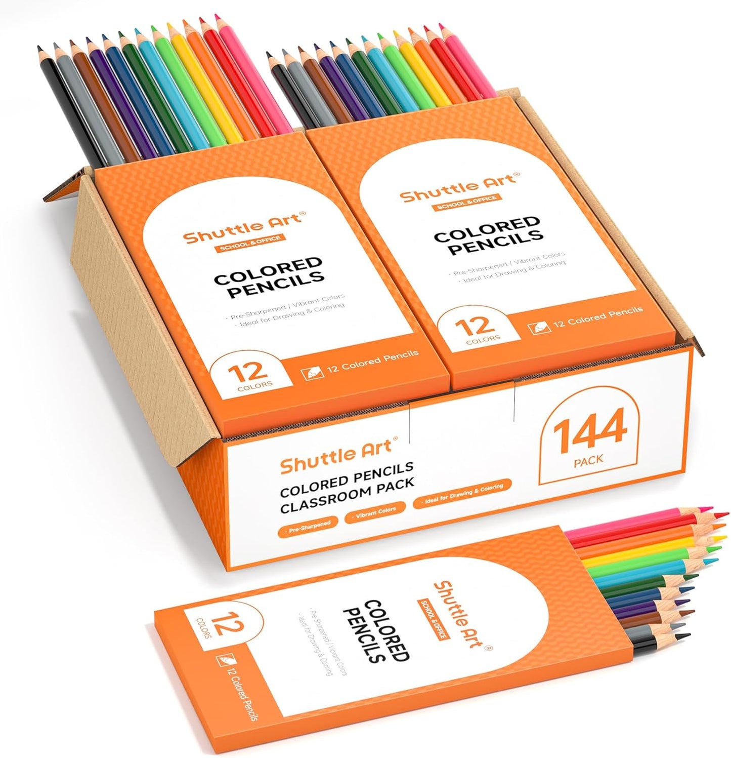 Shuttle Art 144 PCS Colored Pencils Bulk, 12 Assorted Colors, Pack of 12, Break-Resistant, Pre-sharpened Colored Pencils for Kids, Bulk Pack School Supplies for Teachers & Students
