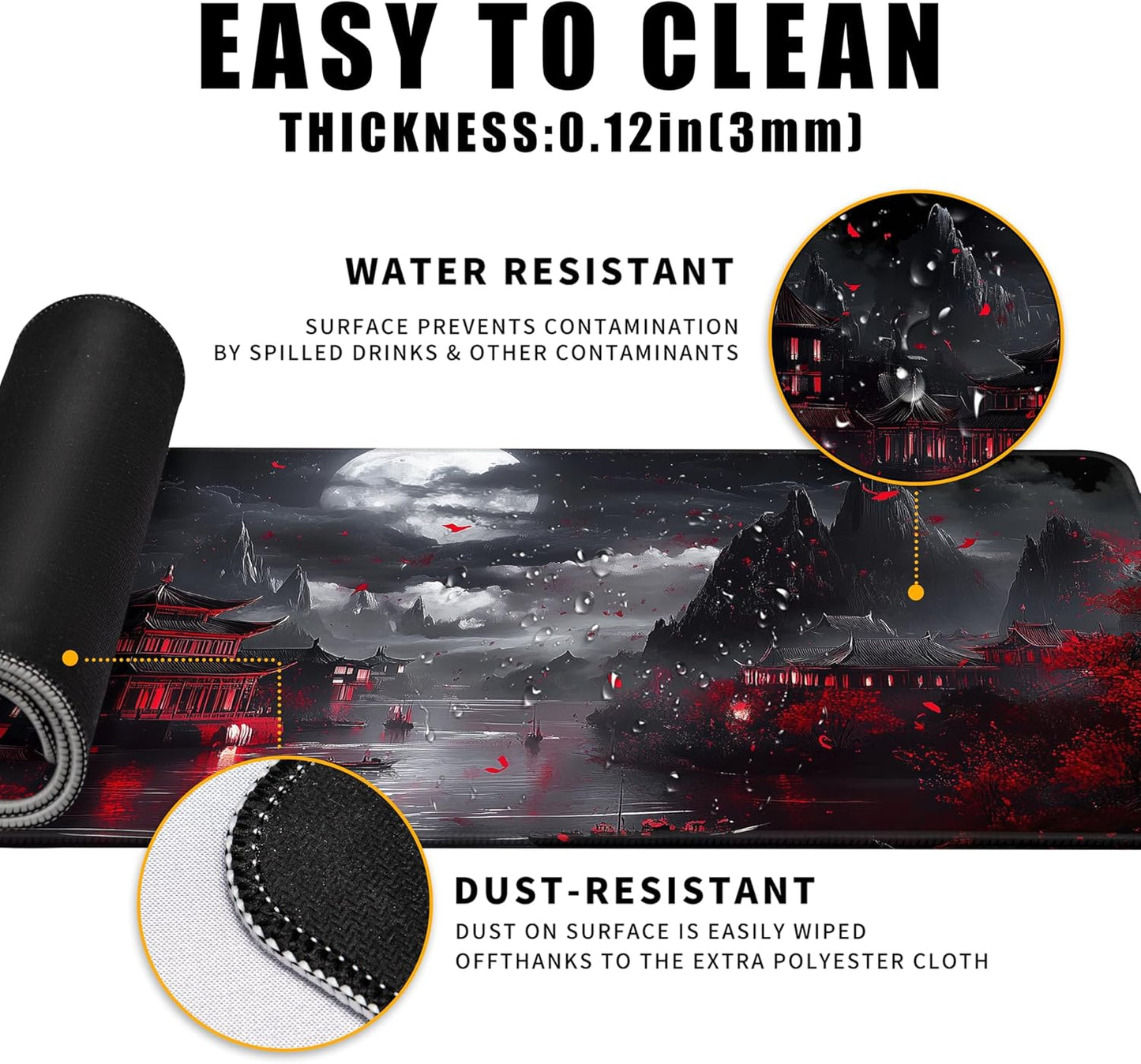 Japanese Riverside Full Moon Desk Mat Large Mouse Pad Gaming Mousepad Extended XL Keyboard Mat Computer Laptop Mouse Desktop Mat 31.5 X 11.8 Desk Decor