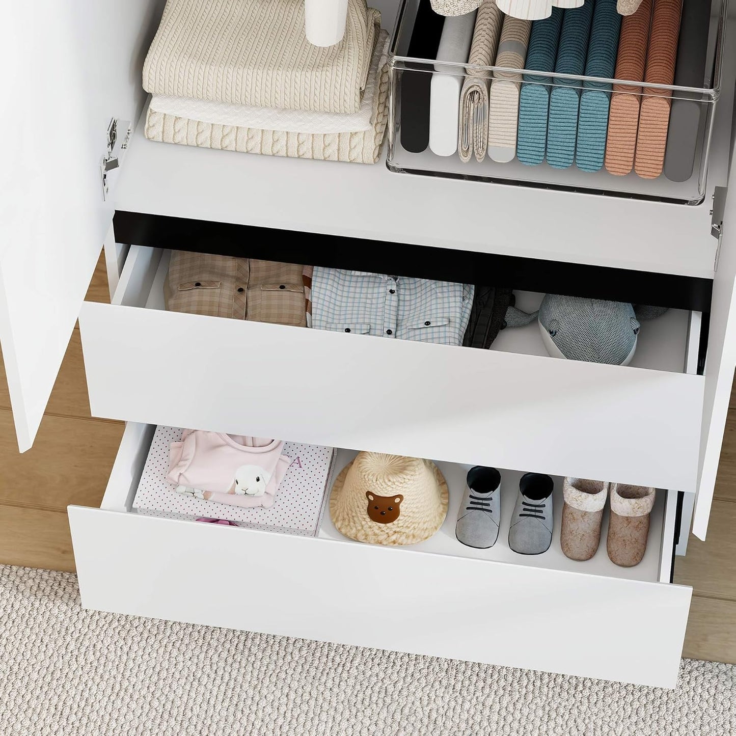 White Wardrobe Closet with Doors: 75" Large Capacity Bedroom Armoire, Wooden Cabinet with 2 Drawers, Hanging Storage Shelves with Hanging Rod (Contemporary, 1)