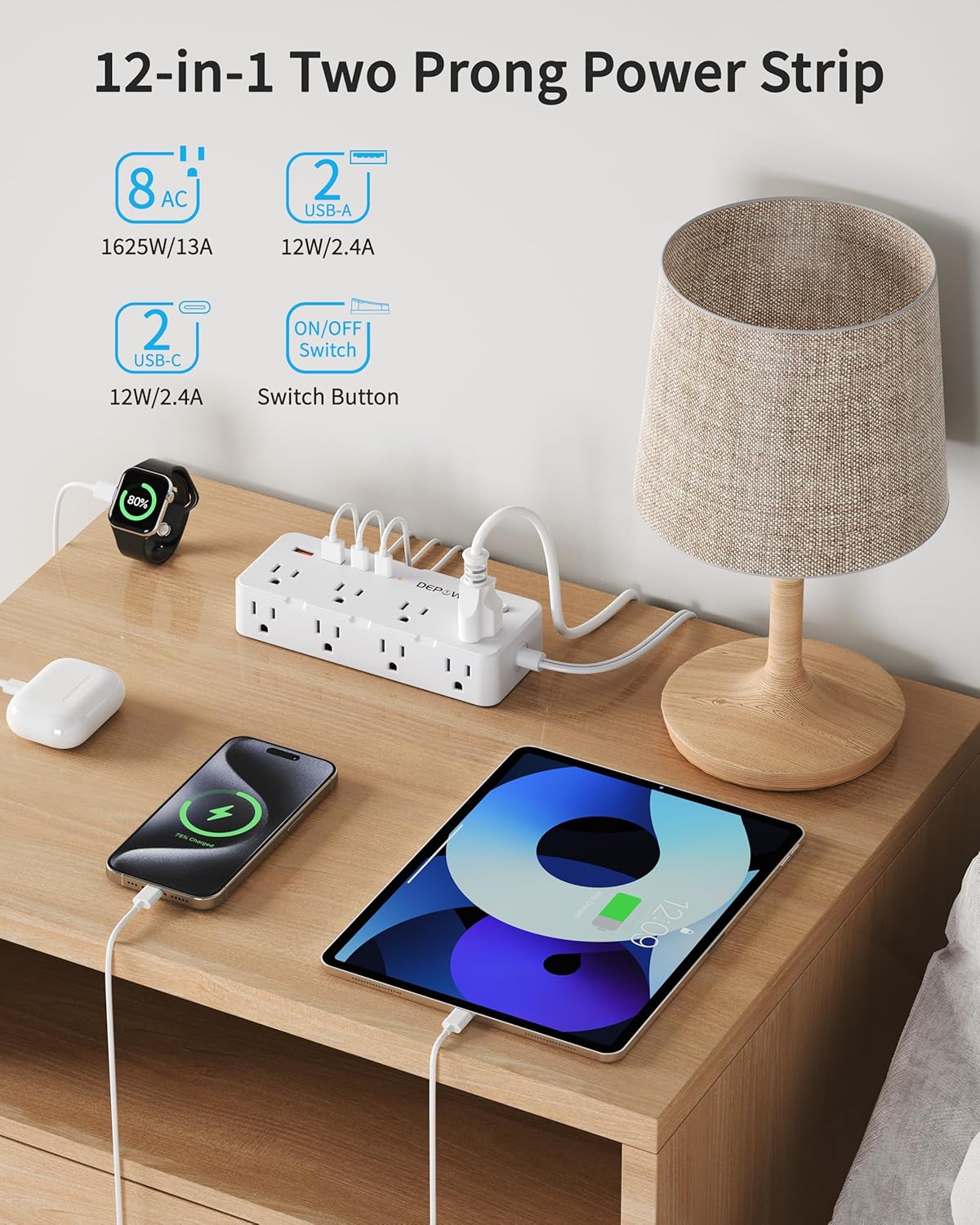 2 Prong Power Strip, 2 to 3 Prong Outlet Adapter with 8 AC & 4 USB Ports (2 USB C), 5FT Extension Cord, 1700J Two Prong Surge Protector, Wall Mountable, Ideal for Old House Non-Grounded Outlets