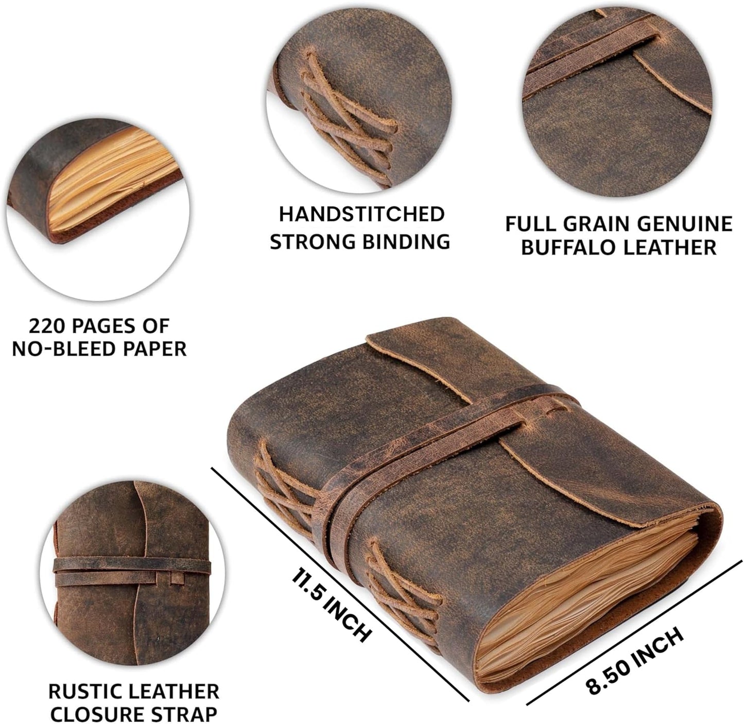 LEATHER VILLAGE Leather Bound Journal - Rustic Brown, 11.5"X8.50", 220 Pages - Vintage Blank Paper Diary for Writing, Drawing, Sketchbook, and Travel Notebook - Ideal for Women and Men
