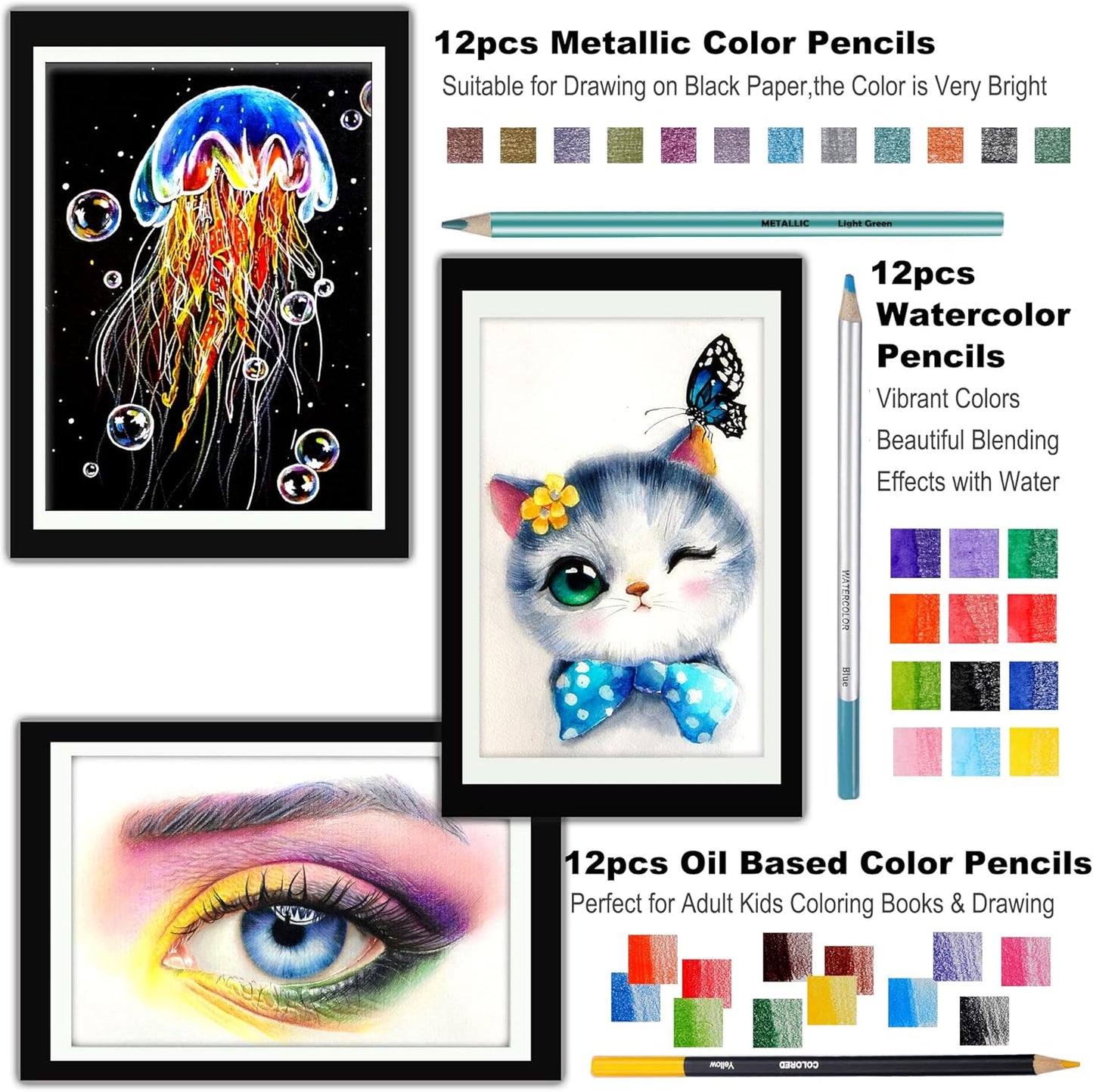 KALOUR 76pc Art Supply Set - Sketching & Drawing Kit with Tutorial Book, Sketchbook & Paper - Pencils, Pastels, Watercolors for Beginner Artists