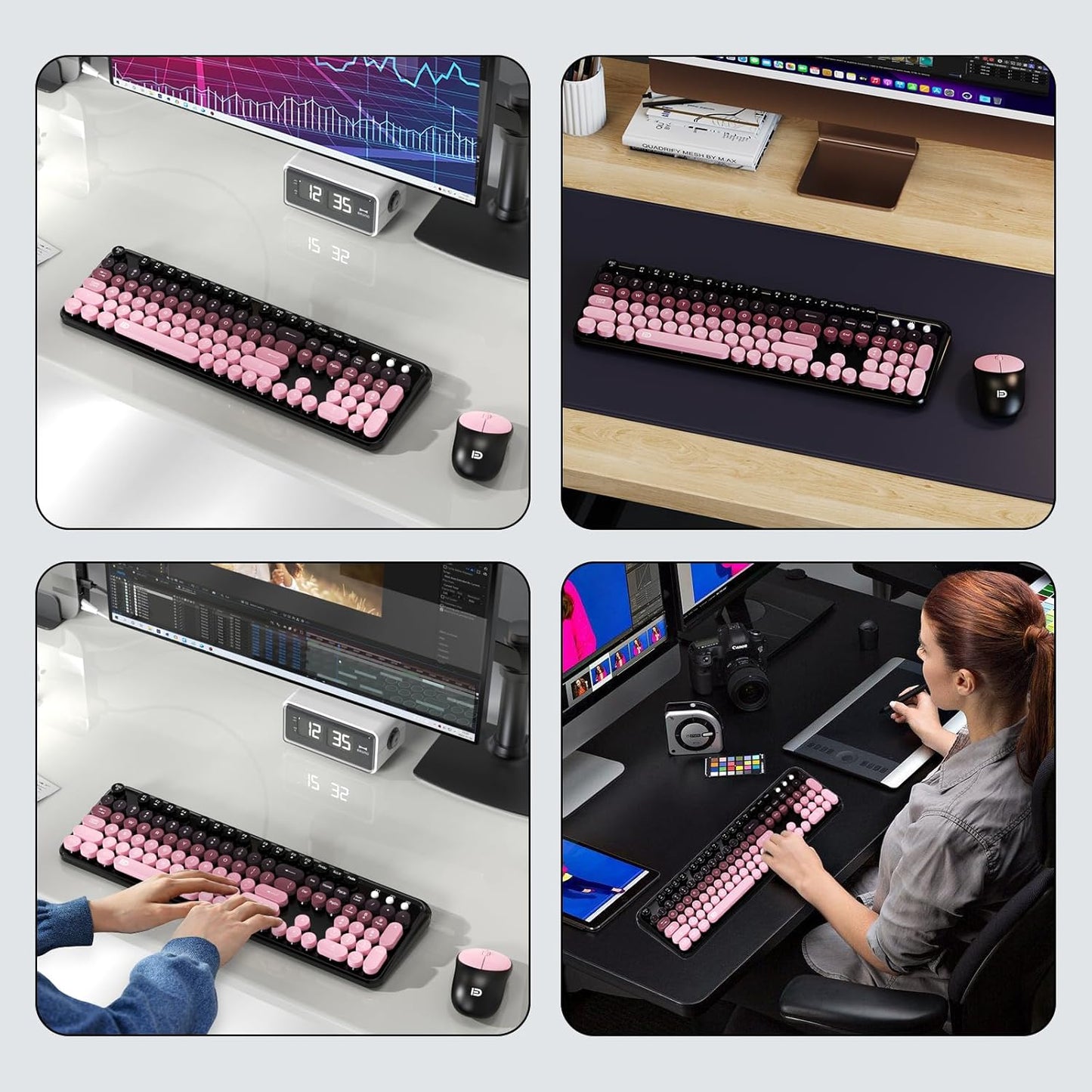 Wireless Keyboard and Mouse Combo, 2.4 GHz Wireless Full-Sized Typewriter Keyboard with Round Keycaps for Windows, Computer, Desktop, PC, Laptop (Pink)
