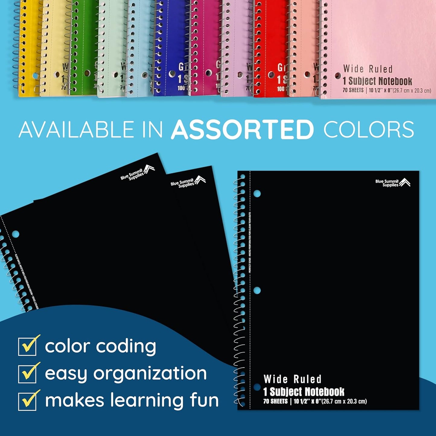 Blue Summit Black Wide Ruled Spiral Notebooks Bulk, 1 Subject Spiral Notebook Wide Ruled, Paper School Bulk Notebooks, 48 Pack