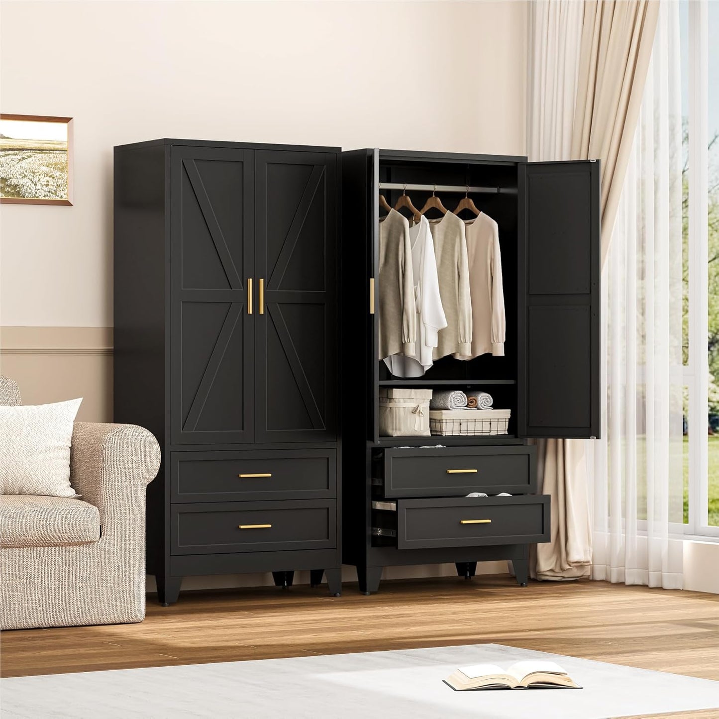 Farmhouse Wardrobe Cabinet with 2 Drawers,Metal Wardrobe Closet with Hanging Rod,Metal Armoire with Adjustable Shelves for Bedroom,Living Room, Cloak Room,Office (Blakc)