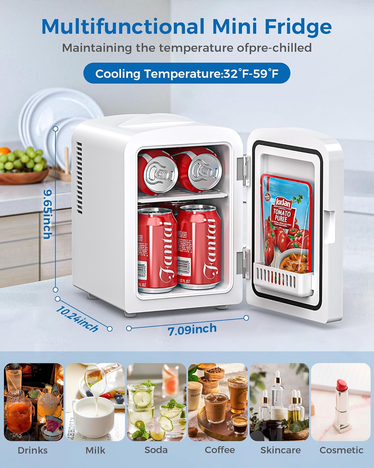4L/6 Cans Mini Fridge, Portable Compact Refrigerator, Small Skin Care Fridge, Food and Drinks, Small Cooler for Bedroom, Dorm, Car, Office, White