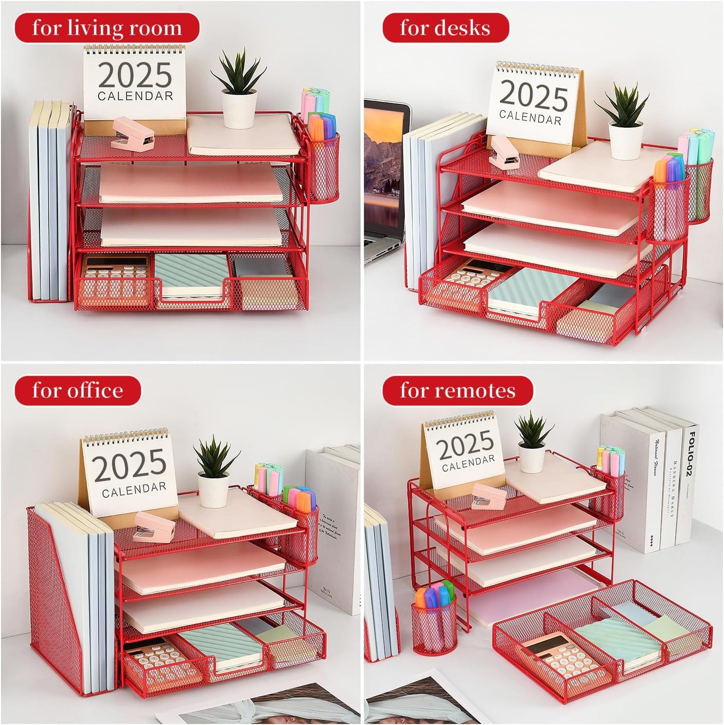 gianotter Paper Letter Tray Organizer with File Holder, 4-Tier Desk Accessories & Workspace Organizers with Drawer and 2 Pen Holder, Desk Organizers and Accessories for Office Supplies (Red)