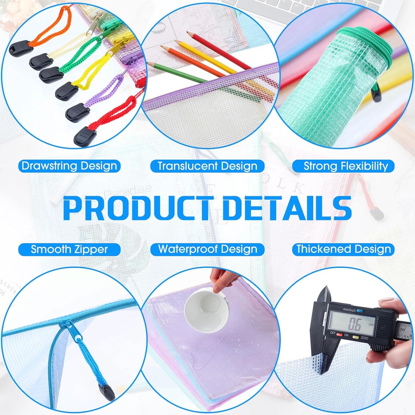 200 Pcs A4 Mesh Zipper Pouch Bulk Waterproof Mesh Zipper Organizer Plastic File Folder Case for School Office Supplies Document Board Games Puzzle(Colorful)