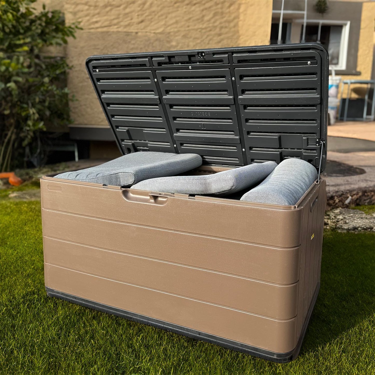 100 Gallon Plus Resin Deck Box, Waterproof Outdoor Storage Bin for Patio Furniture, Pool Accessories, and Garden Tools, Lockable & UV-Resistant, Brown