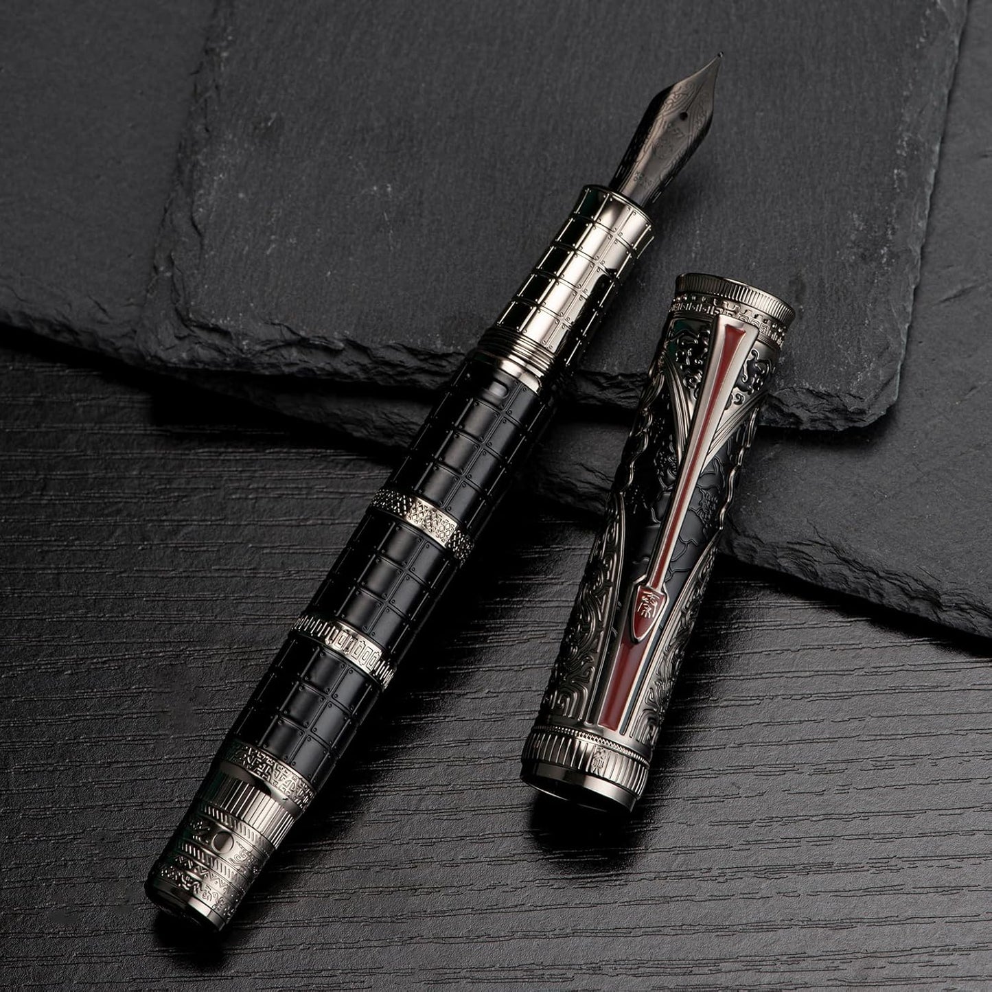 Hongdian D5X Fountain Pen Extra Fine Nib Black Color, Qin Dynasty Retro Chinese Totem Engraving Smooth Writing Pen with Converter and Pen Box Set