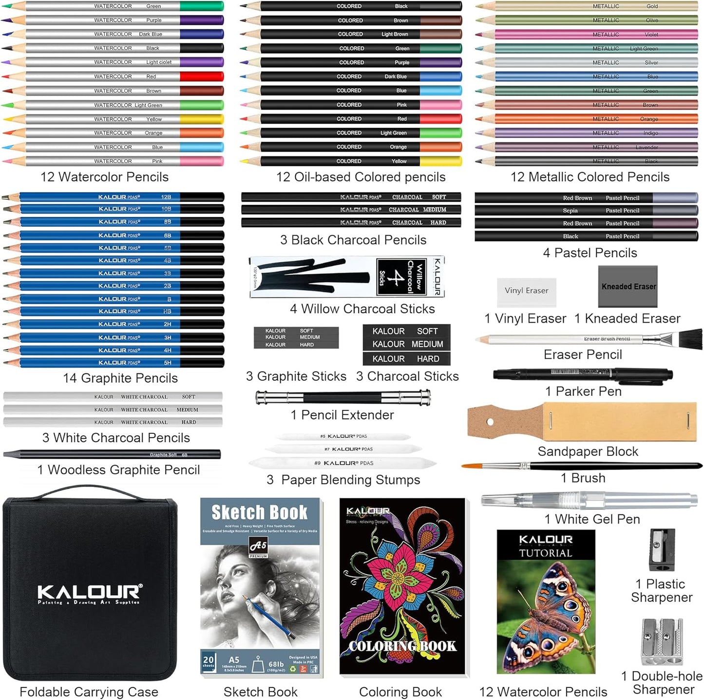KALOUR 82 Pack Drawing Sketching Kit, Pro Art Supplies with Sketchbook, Include Tutorial,Colored, Graphite, Charcoal, Watercolor,Metallic & Pastel Pencils, Drawing Set for Adults Teens Beginner