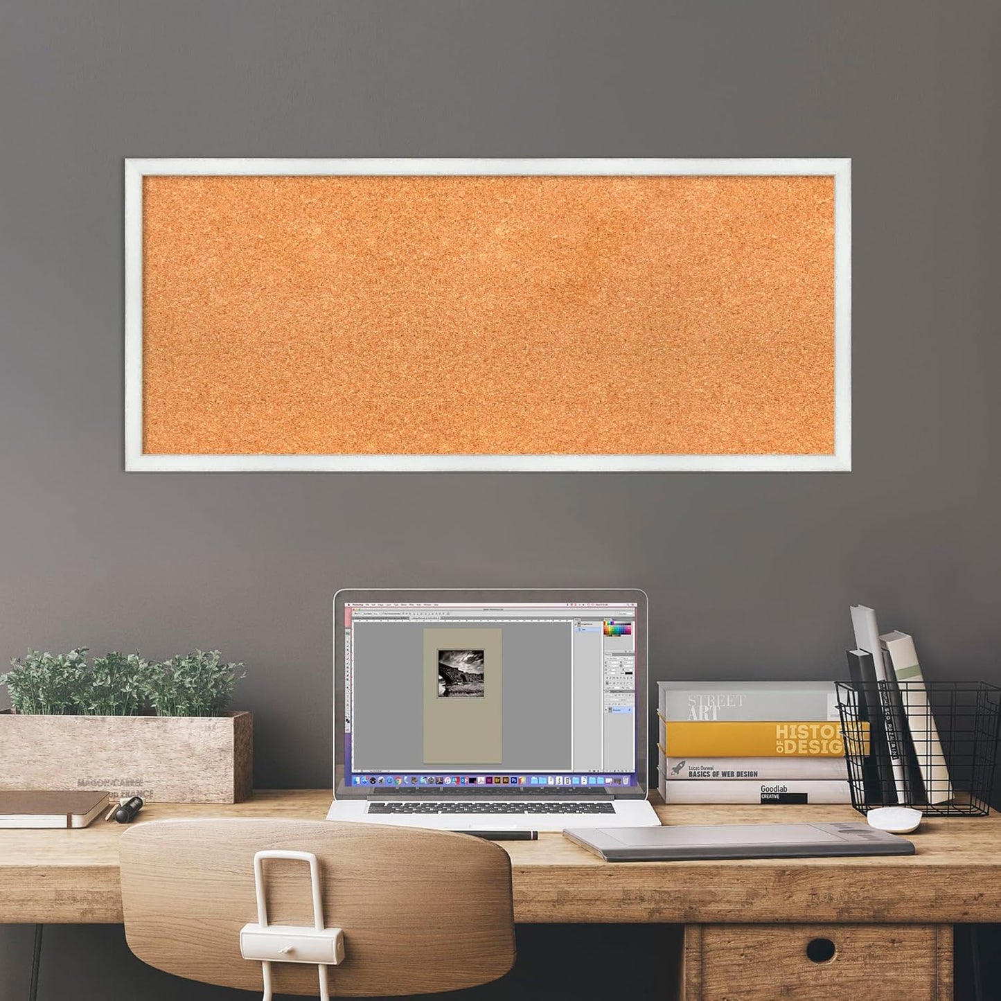 Amanti Art Natural Cork Board for Wall, 15x35 Vision Board with White Frame, Medium Corkboard Office Decor for Home Organization, Country Rustic Corkboard Pinboard to Display Items for Home