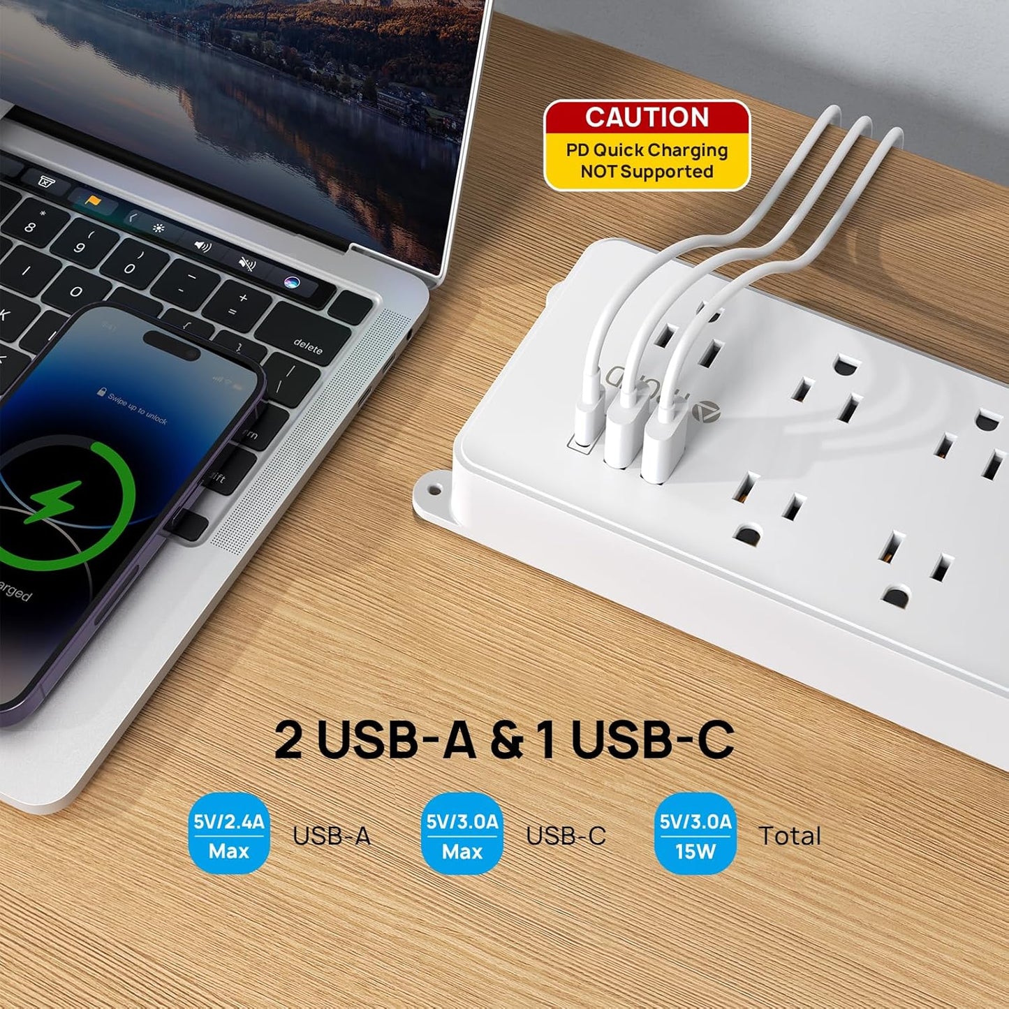 TROND Surge Protector Power Strip Flat Plug, 15ft Long Extension Cord, 7 Widely-Spaced Outlets with 2 USB-A & 1 USB-C, ETL Listed, 1700J, Wall Mountable, for Home Office Garage, White