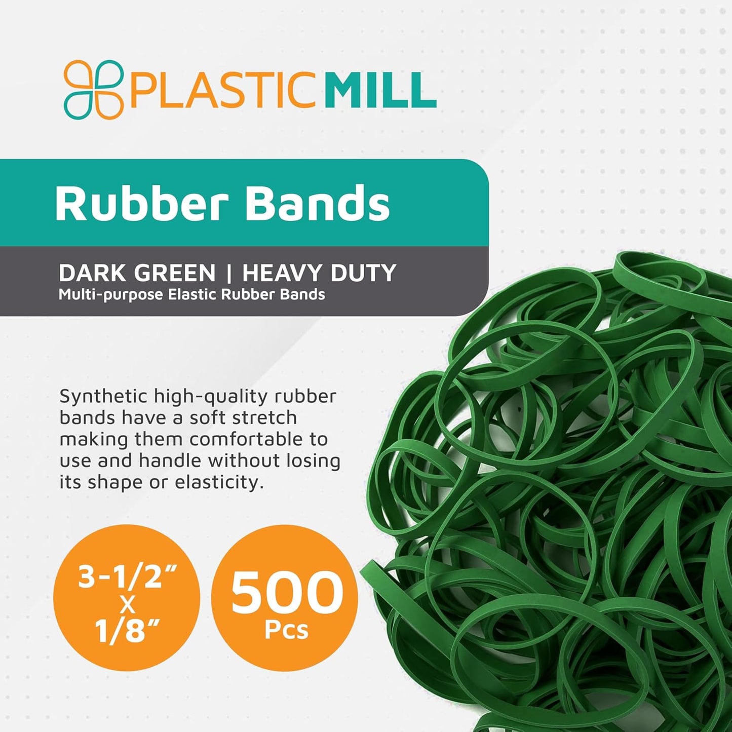 PlasticMill Dark Green Rubber Bands Size 33 (3 1/2" x 1/8") - #33 Colored Rubber Bands Office Supplies - Strong, Elastic Bands for Crafts, Balloon Garland, Cash, File Folders (500-Pack)
