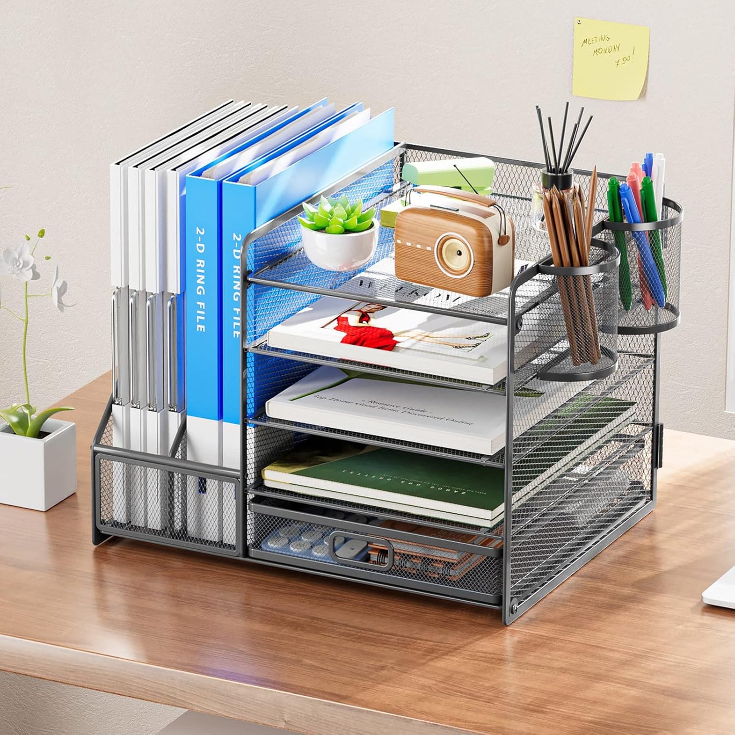 Marbrasse 5-Tier Paper Letter Tray Organizer with Drawer and Pen Holder, Mesh Desktop Organizer and Storage with Magazine Holder for Office Supplies (Grey)