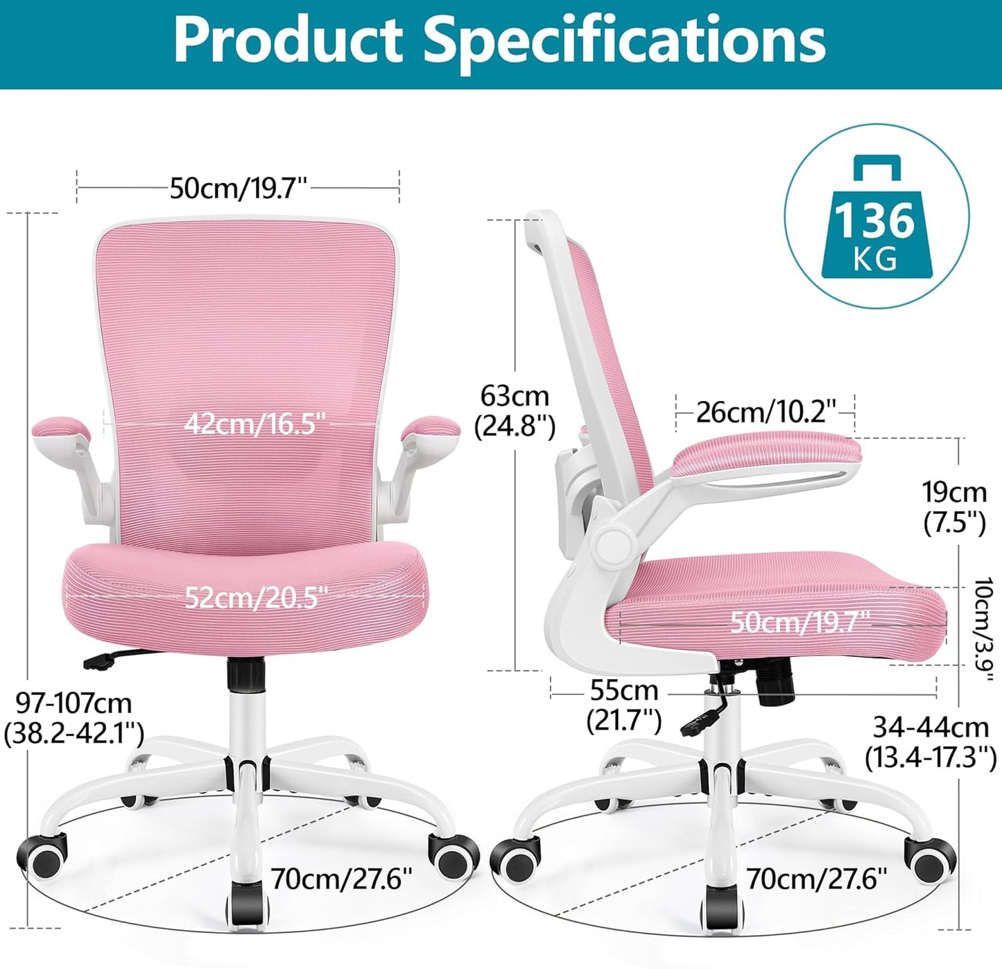 FelixKing Office Chair, Ergonomic Desk Chair Breathable Mesh Chairs with Adjustable High Back Lumbar Support Flip-up Armrests, Executive Swivel Comfy Task Computer Chairs for Home Office Pink