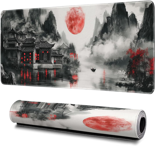 Retro Landscape Mouse Pad Abstract Big Mouse Pad 31.5x11.8 Inch Landscape Texture Non-Slip Rubber Base Large Mousepad Stitched Edges Keyboard Mouse Mat Desk Pad for Office and Home