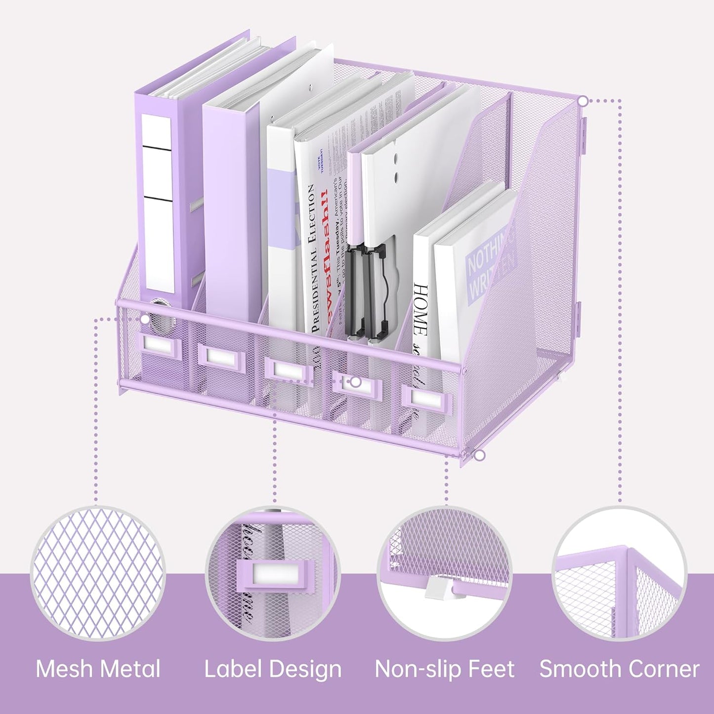 SUPEASY Desk Organizers Metal Desk Magazine File Holder with 5 Vertical Compartments Rack File Organizer for Office Desktop, Home Workspace, Purple Plus
