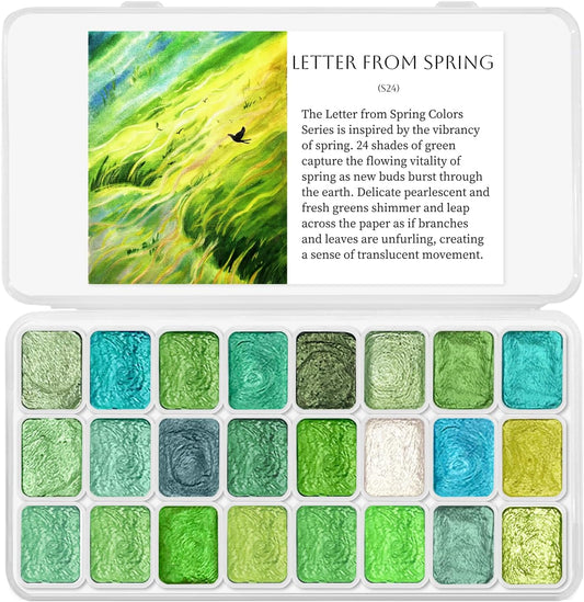 Mini Glitter Watercolor Paint Set with Paper, 24 Colors Shimmer Metallic Watercolour Painting Sets, Solid Pearl Water Color Paints for Adult, Kids, Green 1ml Trial Pack(Letter from Spring)