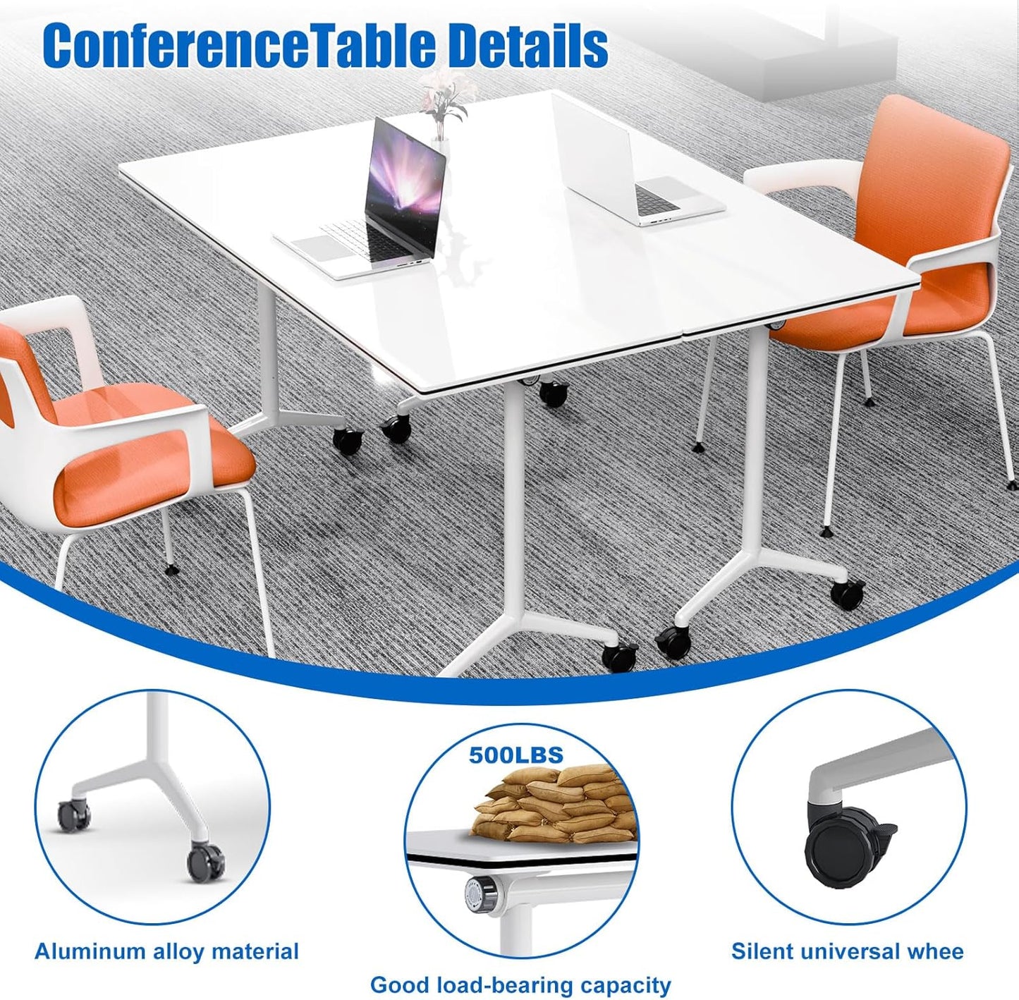 Conference Table, Folding Conference Desk Modern White, Seminar Table with Wheels, 2-10 People for Office, Meeting Break Room (2, 1915, 55IN)