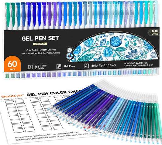 Shuttle Art 60 Pack Blue Tone Gel Pens, 30 Blue Tone Gel Pens with 30 Refills for Adults Coloring Books Journaling Drawing Nature, Landscapes, Animals Scenes