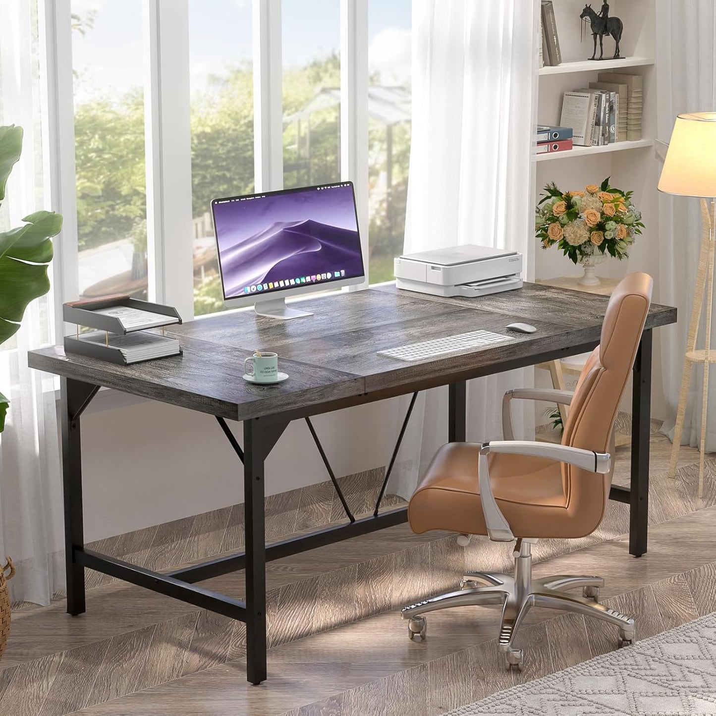 Unikito Large Computer Desk, 63x31.5 Inch Large Office Desks, Premium Sturdy 2 Person Desk, 1.4” Thick Study Writing Table, Modern Laptop Computer Table for Home Office Workstation, Black Oak