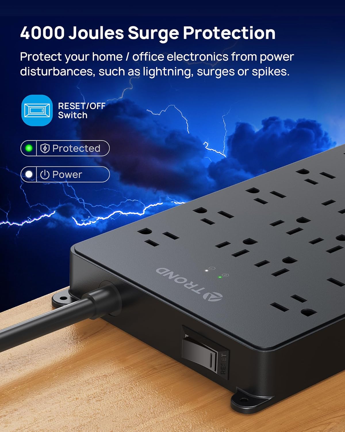 TROND Surge Protector Power Strip, 22 Widely Spaced Outlets with USB Ports, Wall Mount, 4000 Joules, ETL Listed, 15 ft Flat Plug Heavy Duty Extension Cord for Home, Office, Dorm Essential, Black