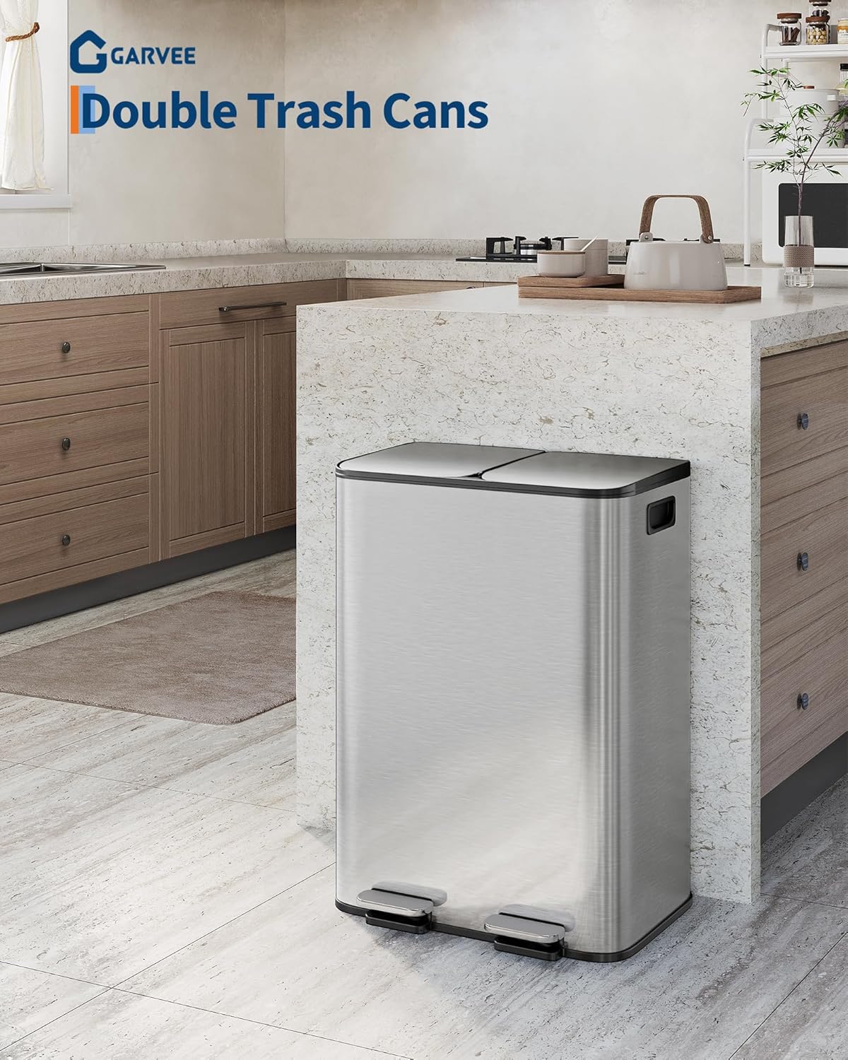 GarveeHome 2 x 8 Gallon Stainless Steel Double Trash Can with Lid for Kitchen, Large Dual Trash and Recycle Bin Combo, Step-on Kitchen Metal Garbage Cans, PP Inner Buckets, Liner Rim, Silver