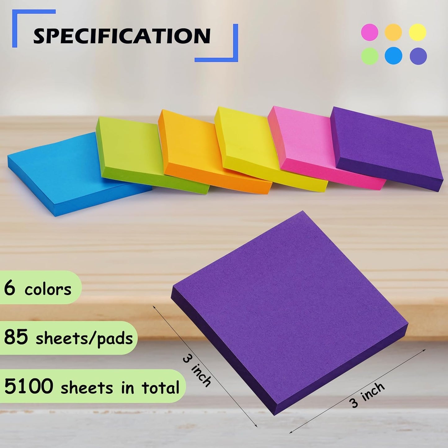 Sticky Notes 3 x 3 in, 60 Pads, 85 Sheets/Pad, 6 Bright Colors, Self-Stick Notes, Easy to Post for Home, Office, School
