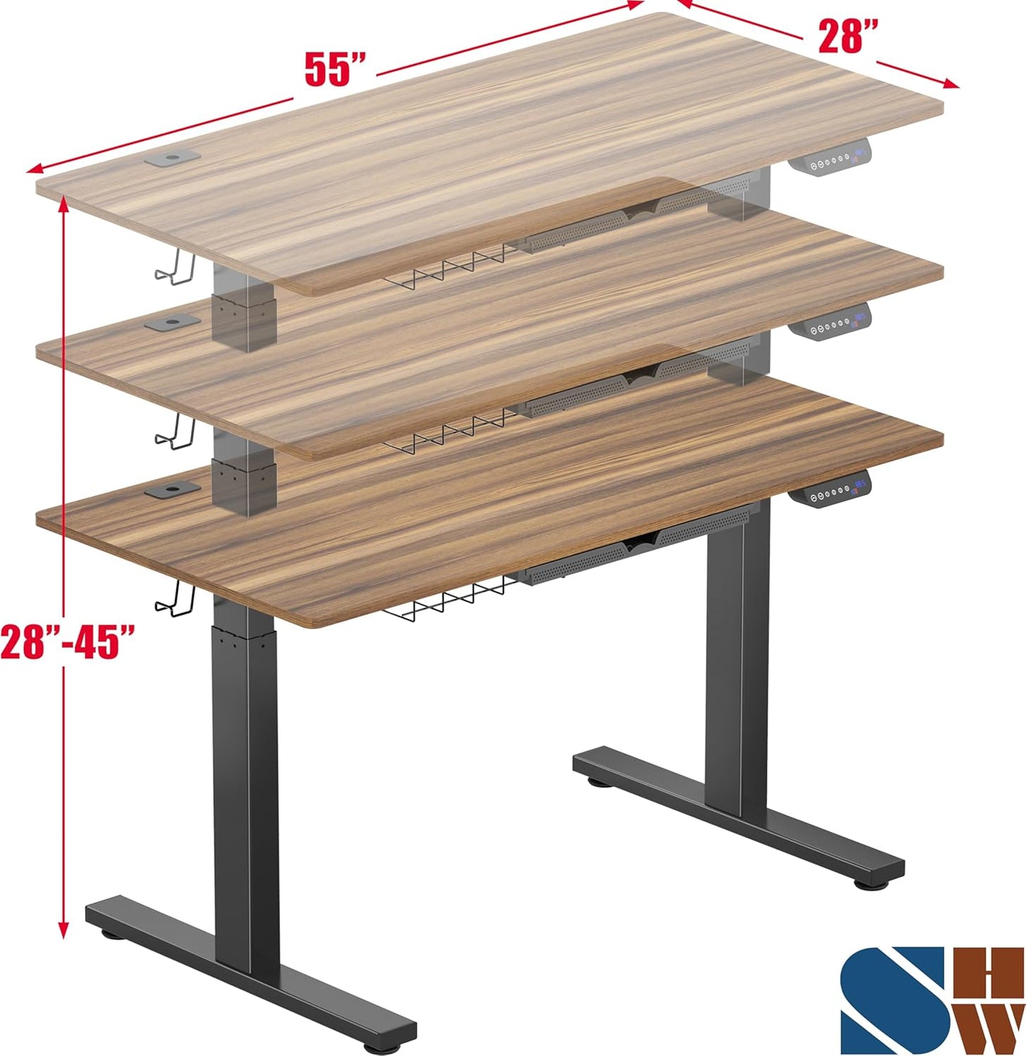 SHW 55 x 28 Inches Electric Height Adjustable Standing Desk with Drawer and Memory Preset, Walnut