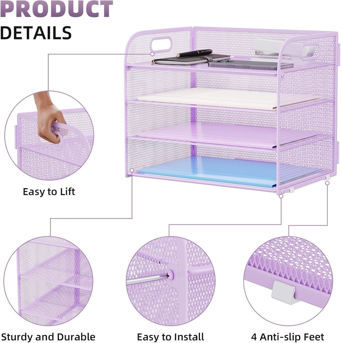 Marbrasse 4 Tier Paper Organizer Letter Tray - Mesh Desk File Organizer with Handle, Paper Sorter Organizer for Letter/A4 Office File Folder Holder (Purple, 12.6" x 9.1" x 10.7")