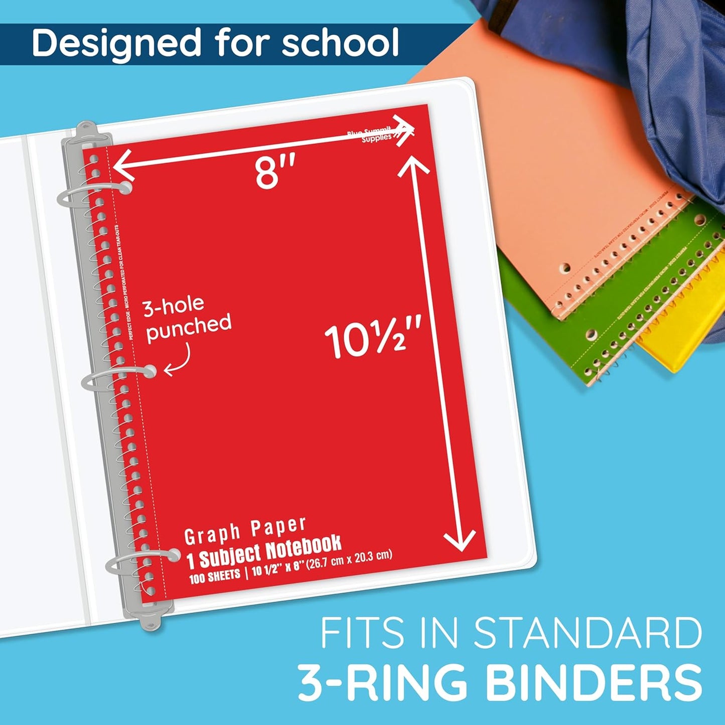 Blue Summit Quad Ruled Notebook, Paper Quad Ruled Spiral Notebook 8x10.5, 4x4 Square Grid for Math, College, Work, School, and Lab, Graphing Paper, 100 sheets, 12 Pack